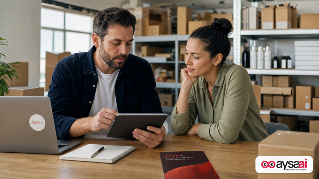 Ecommerce founder and marketer discussing advertising strategy in a small warehouse workspace.