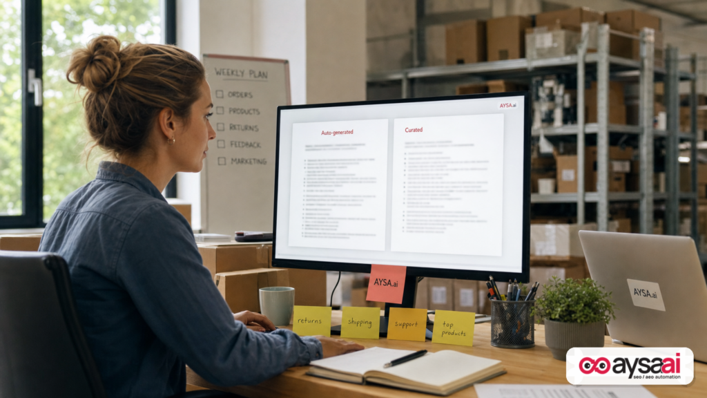 Ecommerce manager comparing an auto-generated document and a curated document for accuracy and usefulness.