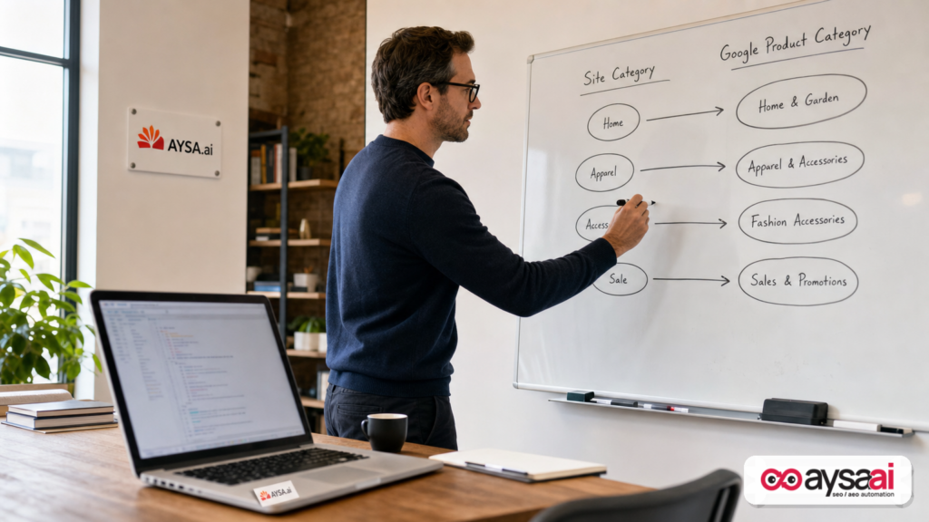Ecommerce manager mapping site categories to Google product categories on a whiteboard.