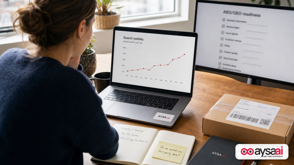 Ecommerce marketer reviewing search visibility charts and AEO/GEO readiness checklist