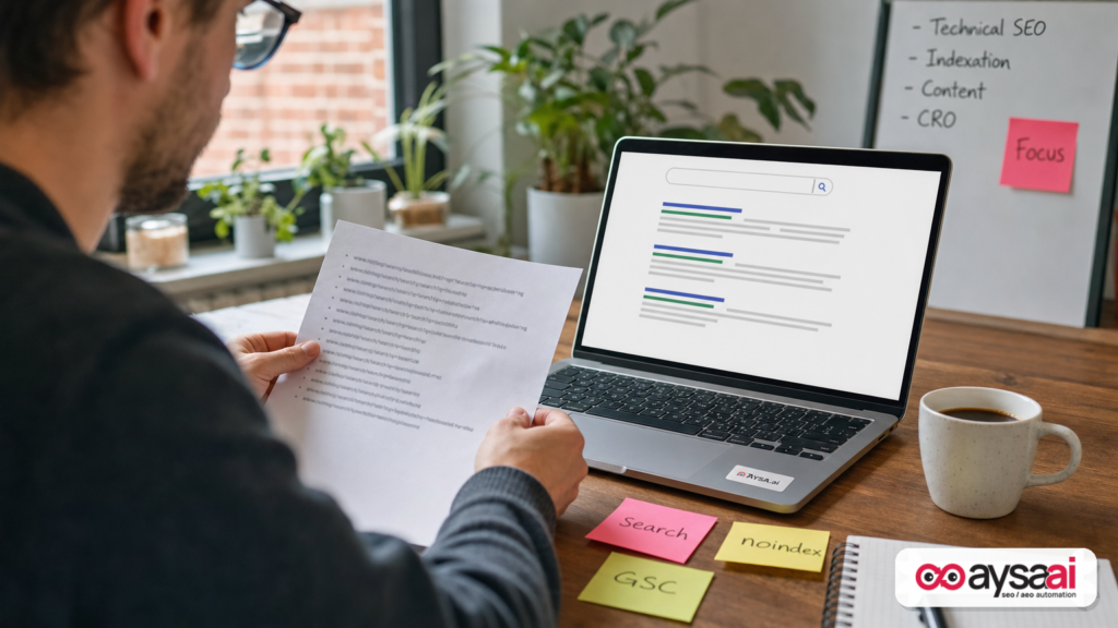 Ecommerce marketer reviewing strange search query URLs generated by on-site search spam
