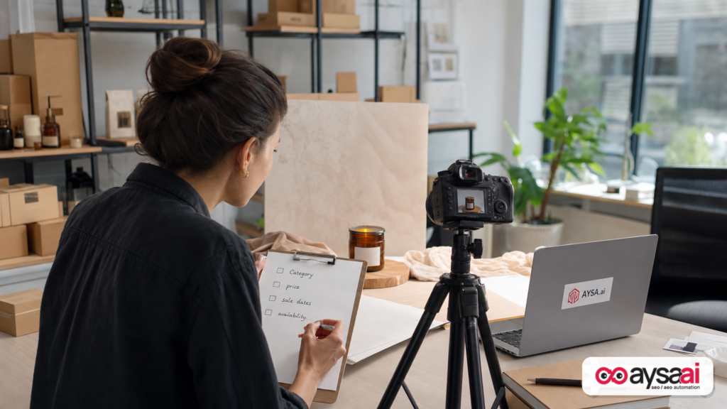 Ecommerce operator reviewing a product detail checklist including category and sale pricing information.