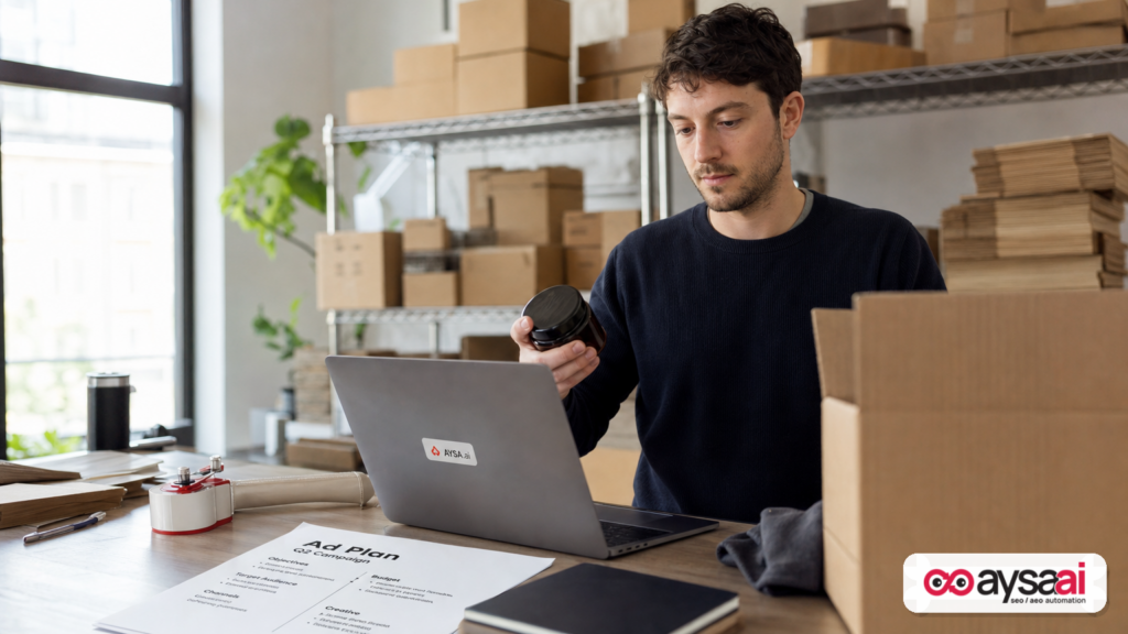Ecommerce owner planning ad improvements in a small warehouse setting.