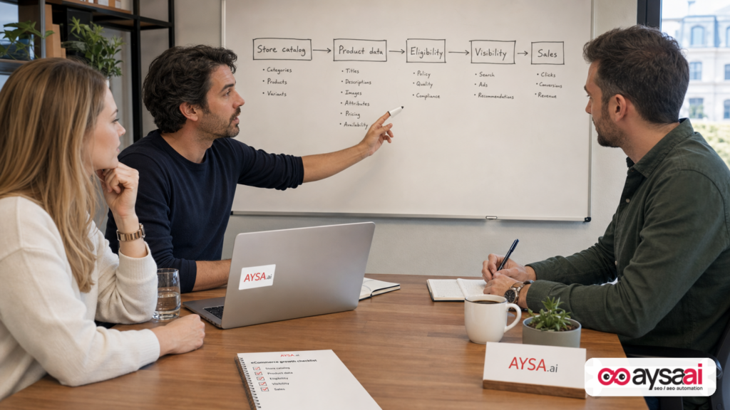 Ecommerce, paid media, and SEO leaders aligning on a product data-to-visibility workflow.