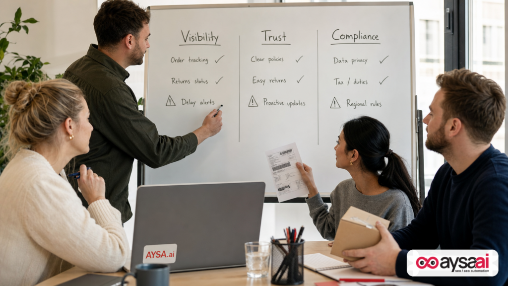 Ecommerce support team reviewing a whiteboard with visibility, trust, and compliance risk columns.