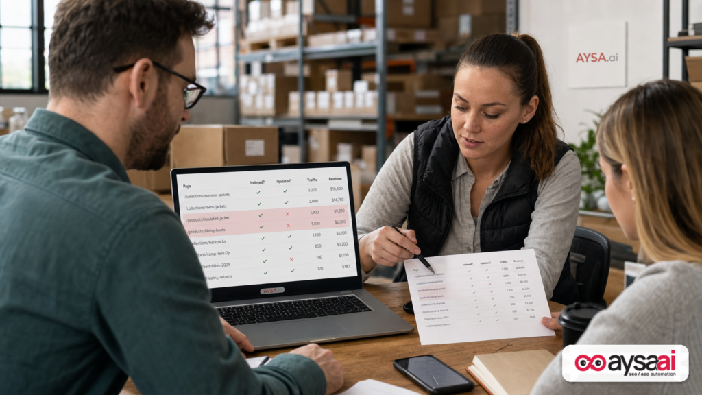 Ecommerce team auditing which pages are indexed and which drive revenue before scaling content production.