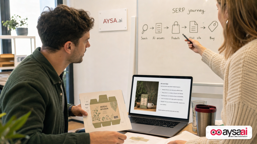 Ecommerce team comparing packaging mockup to a generic AI-generated lifestyle image on a laptop.