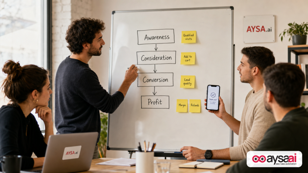 Ecommerce team mapping post-click KPIs from qualified visits through profit using sticky notes on a whiteboard.