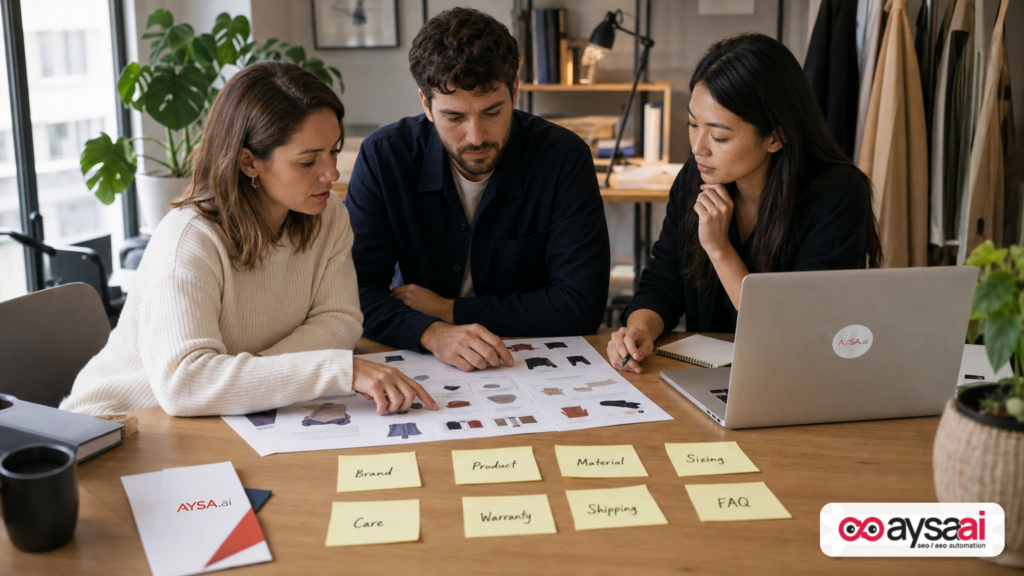 Ecommerce team mapping product entities using sticky notes like material, sizing, and warranty.