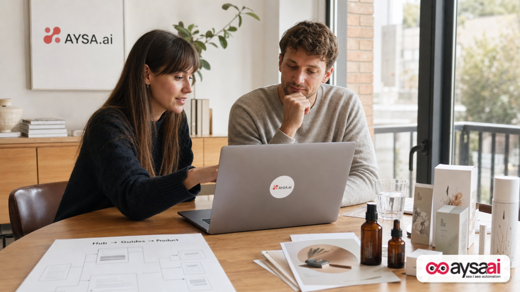 Ecommerce team planning a hub-and-spoke content structure to answer customer questions in AI search.