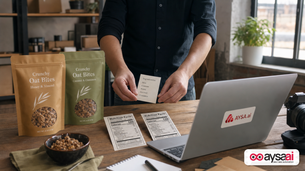 Ecommerce team preparing snack product content and compliance-friendly FAQs for seasonal demand.