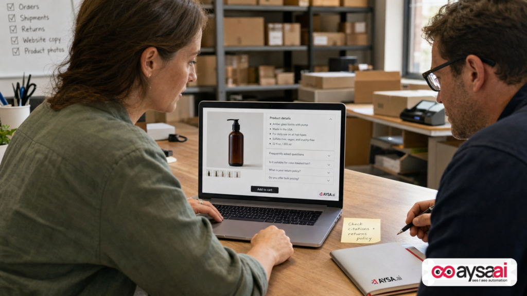 Ecommerce team reviewing a product page update and checklist for accuracy and policy alignment.
