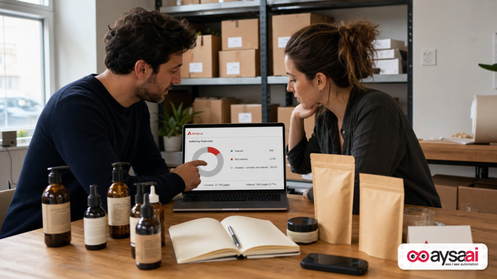 Ecommerce team reviewing indexing issues alongside physical products in a small warehouse office.