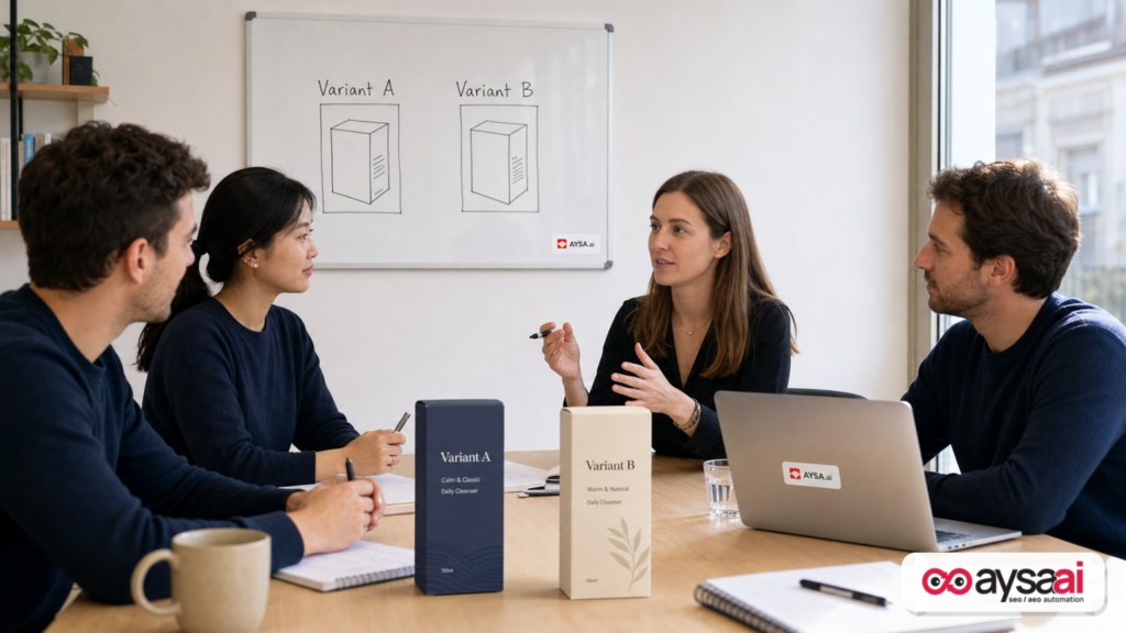 Ecommerce team reviewing two variants as part of an A/B test planning session.