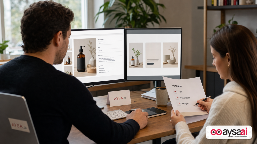 Ecommerce team reviewing website metadata while previewing a generic ad draft card.