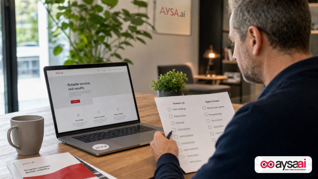Editor comparing a human UX checklist and an agent access checklist at a desk with an AYSA.ai brochure.