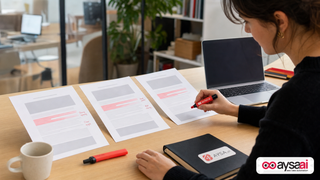 Editor comparing multiple articles with highlights to align brand voice across a content library.