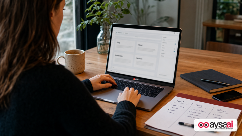 Editor organizing content sections like About, FAQ, and credentials on a laptop draft.