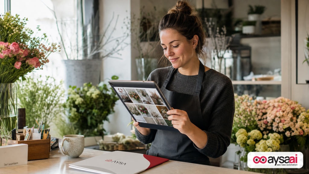 Florist reviewing an inspiration-style image gallery on a tablet in a flower shop.