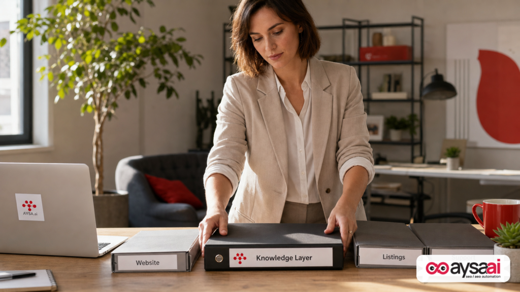 Folders labeled website, listings, and support converging into one master knowledge layer binder.