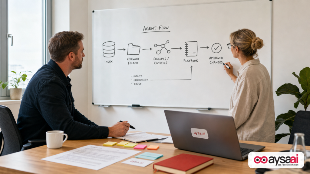 Founder and SEO lead mapping an AI agent workflow from a knowledge index to playbooks and approved website changes.
