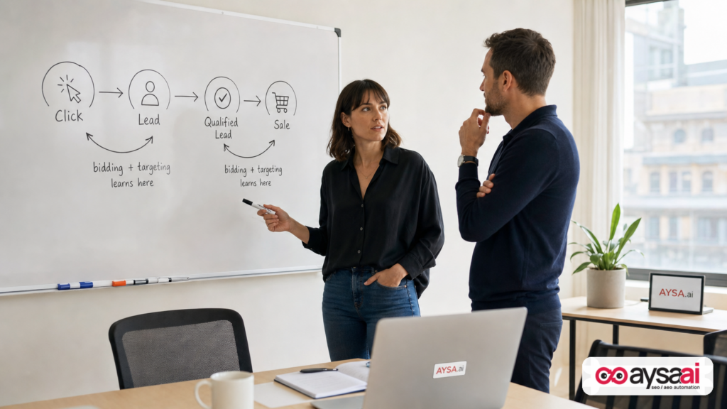 Founder and marketer mapping a funnel and where conversion signals influence bidding and targeting.