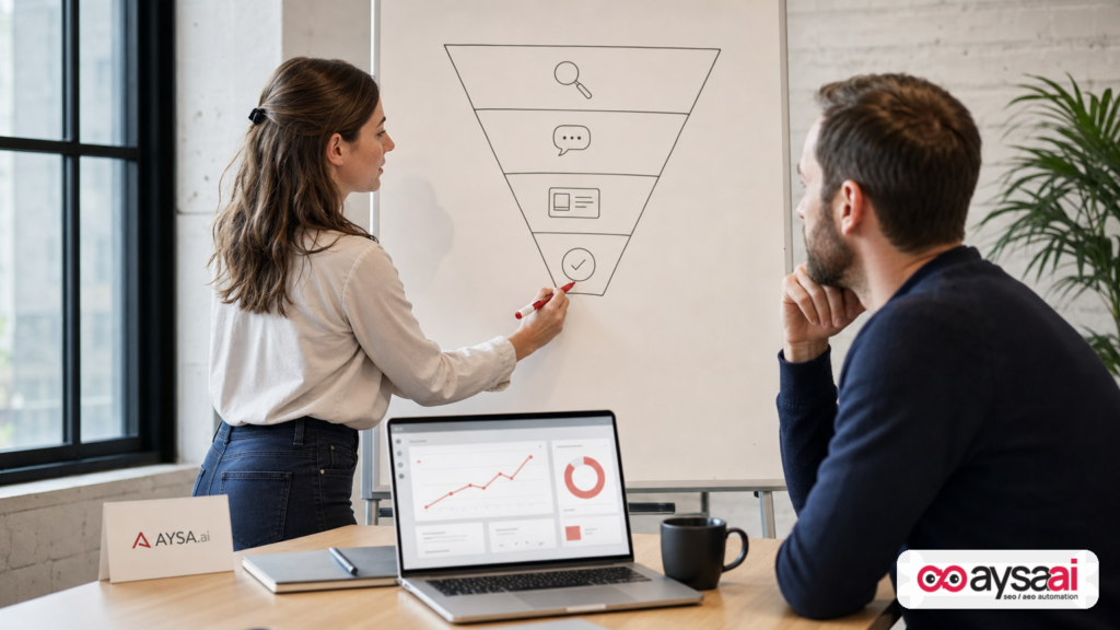 Founder and marketer mapping a messaging-first customer journey on a whiteboard.