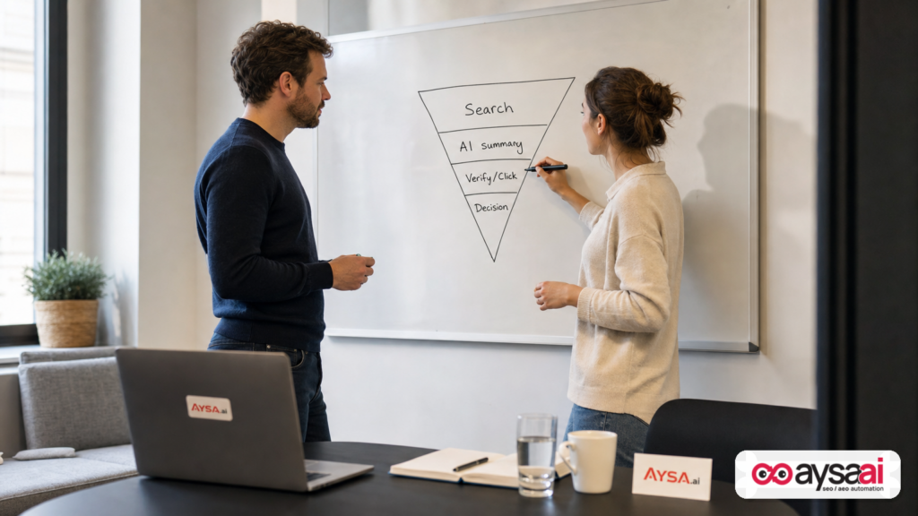 Founder and marketer mapping a search-to-AI-to-verification journey on a whiteboard.