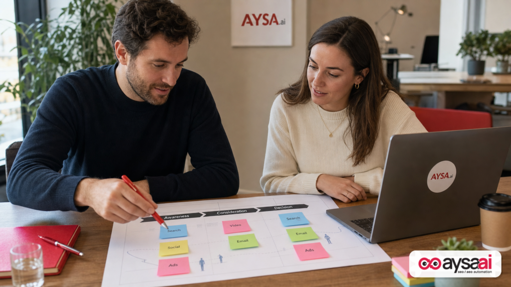 Founder and marketer mapping how search, social, video, email, and ads hand off across the buyer journey.