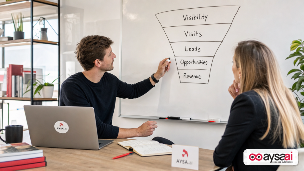 Founder and marketer mapping the funnel from visibility to leads, opportunities, and revenue on a whiteboard.