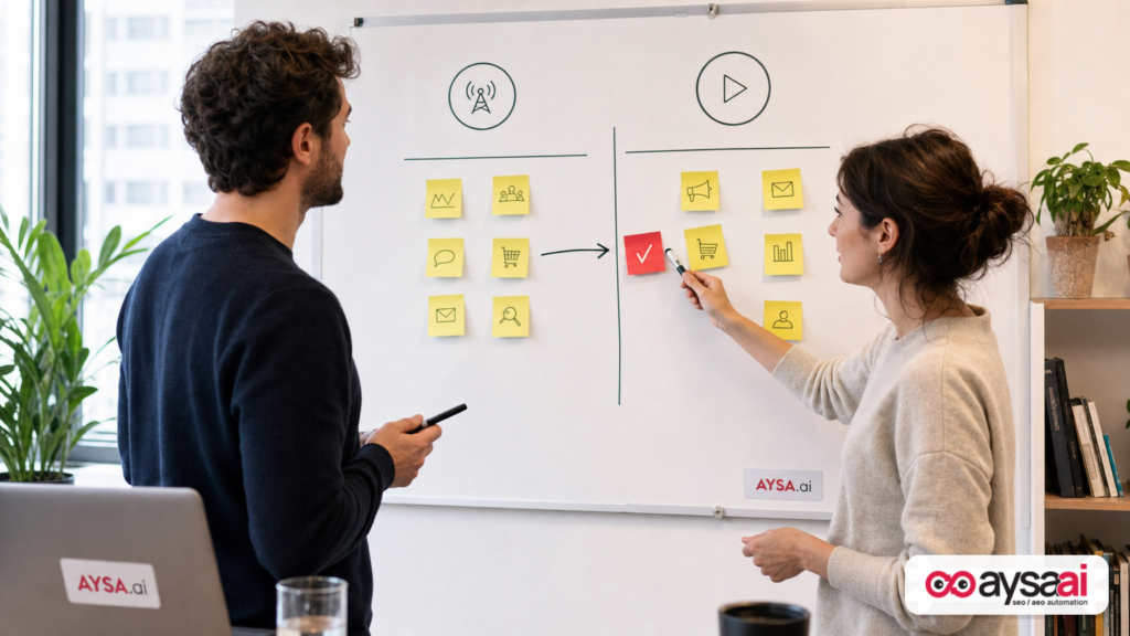 Founder and marketer mapping the gap between performance signals and marketing actions on a whiteboard.