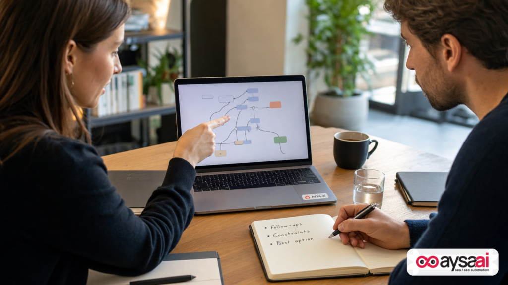 Founder and marketer planning a conversational search journey with follow-up questions and constraints.