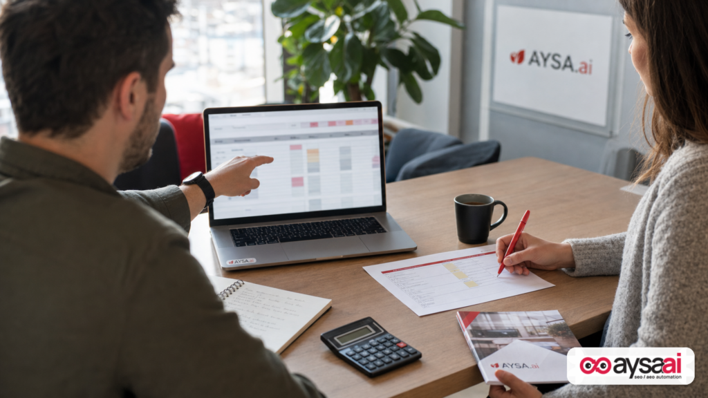 Founder and marketer planning a monthly ad budget with a checklist and blurred spreadsheet grid.