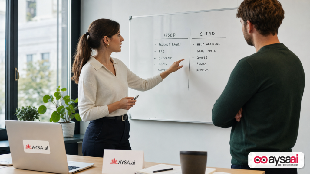 Founder and marketer reviewing a whiteboard explaining the difference between content being used vs cited in AI search.