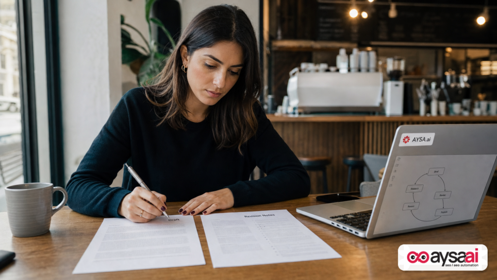 Founder comparing an AI draft with revision notes to improve the workflow