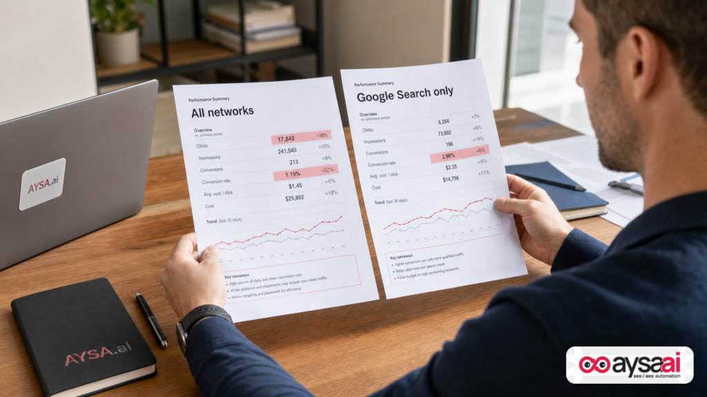 Founder comparing two marketing reports showing different performance when partner traffic is included.