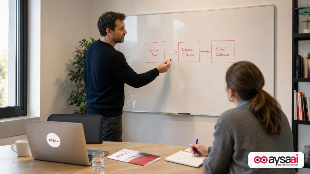 Founder explaining three AI search failure mechanisms on a whiteboard to a teammate.
