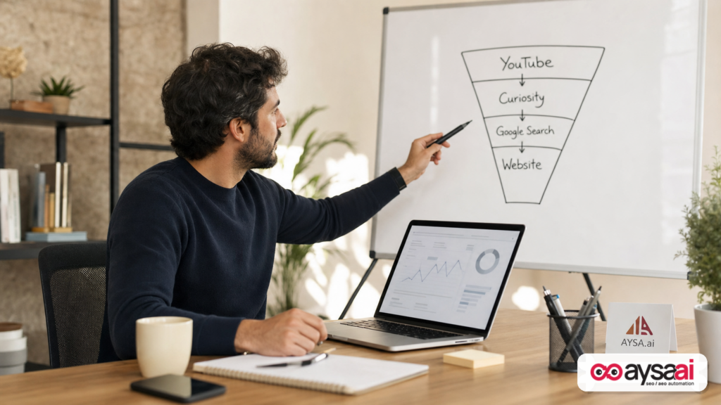 Founder mapping the journey from YouTube ad exposure to Google search and website visit on a whiteboard.