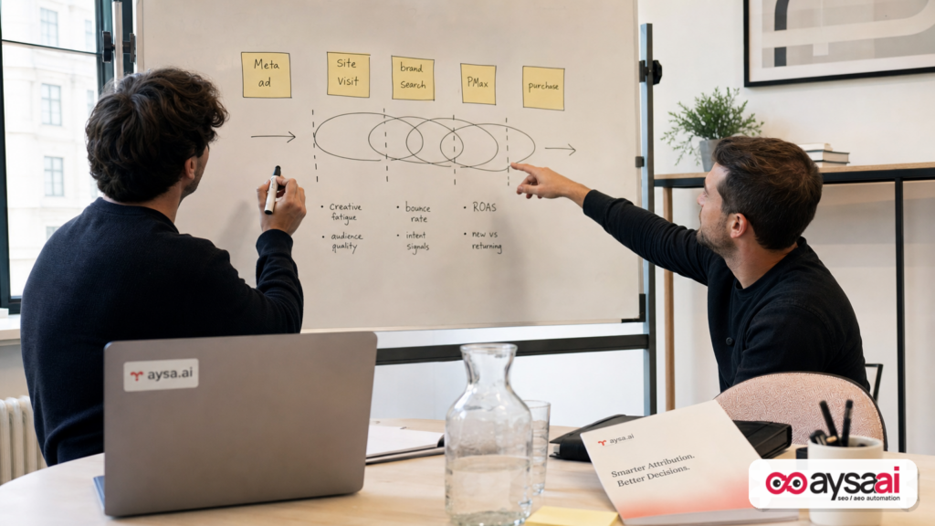 Founder maps a multi-touch customer journey showing overlap between Meta ads and Google Performance Max before a purchase.