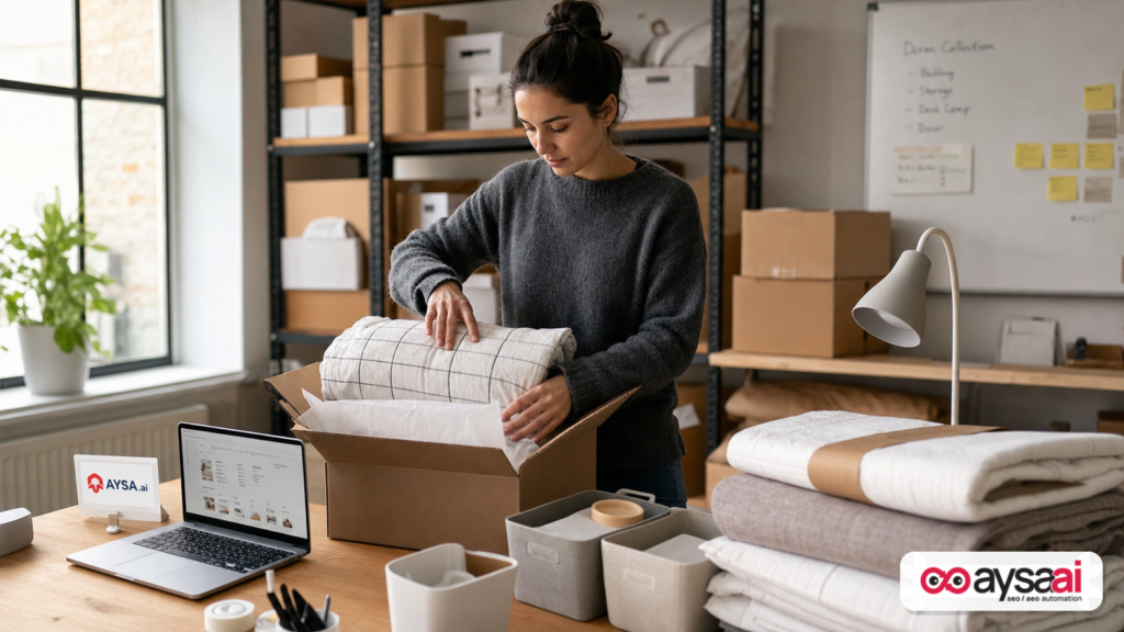 Founder of a small dorm-decor brand packing orders while reviewing ecommerce performance on a laptop.