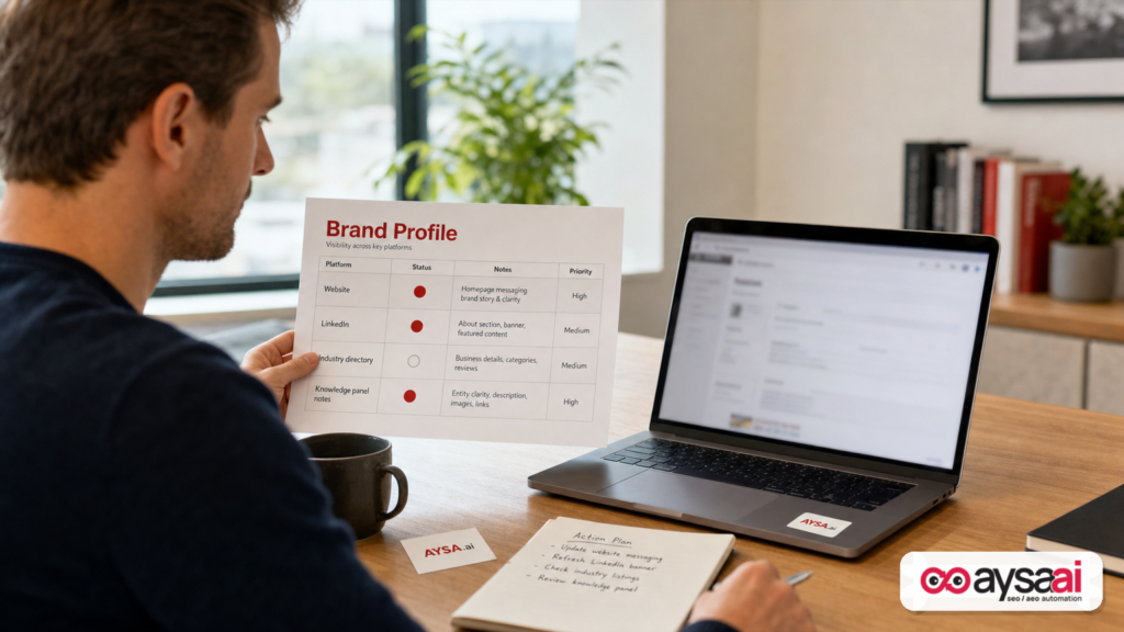 Founder reviewing a checklist for consistent brand information across major platforms.