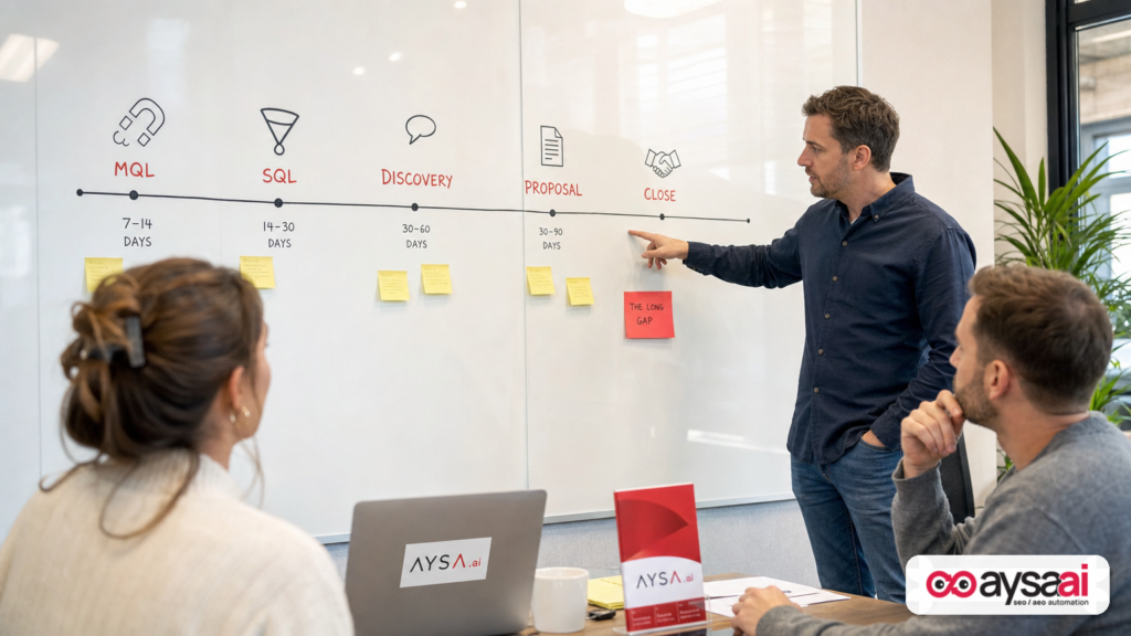Founder reviewing a long B2B sales cycle timeline with stage notes from lead to close.
