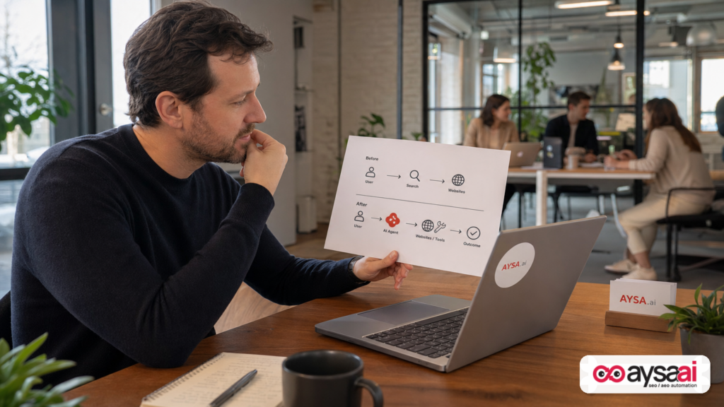 Founder reviewing a simple before-and-after diagram of traditional search versus AI agents completing tasks via websites.