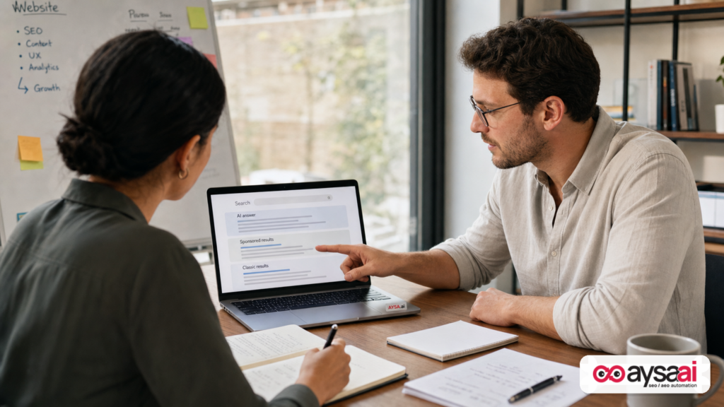 Founder reviewing a simplified mock of AI search results showing AI answers, ads, and organic results stacked.