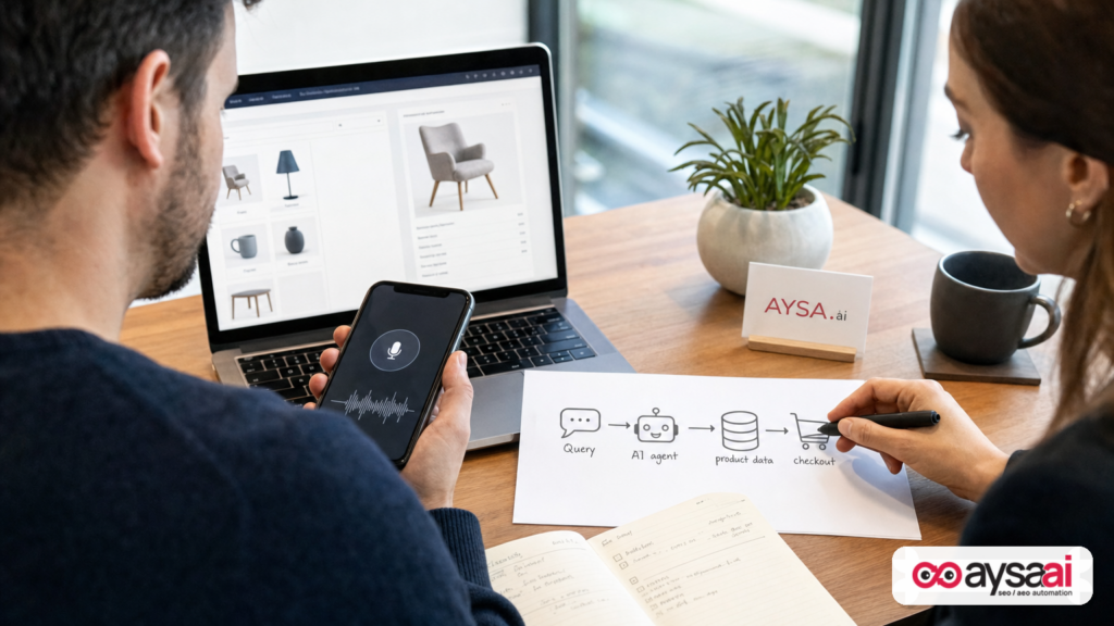 Founder reviewing an AI-assisted shopping flow that goes from intent to agent to checkout using product data.