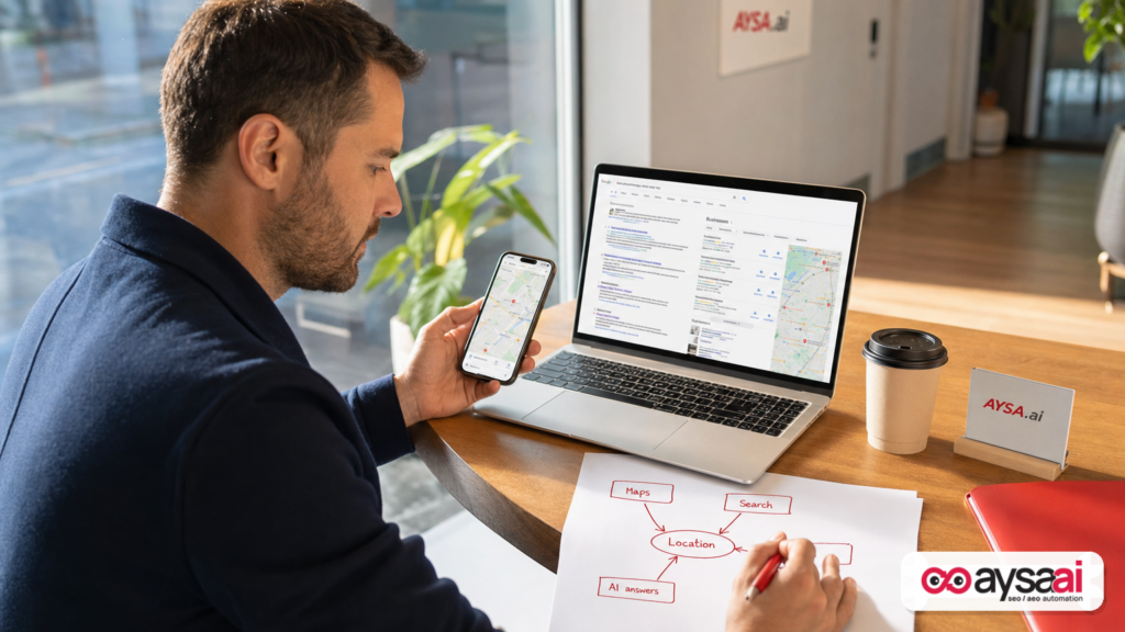Founder reviewing multiple discovery surfaces like maps, search, and AI answers for a location.