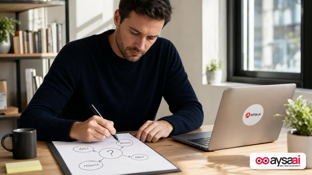 Founder sketching a hub-and-spoke diagram explaining AI fan-out and grounding sources.