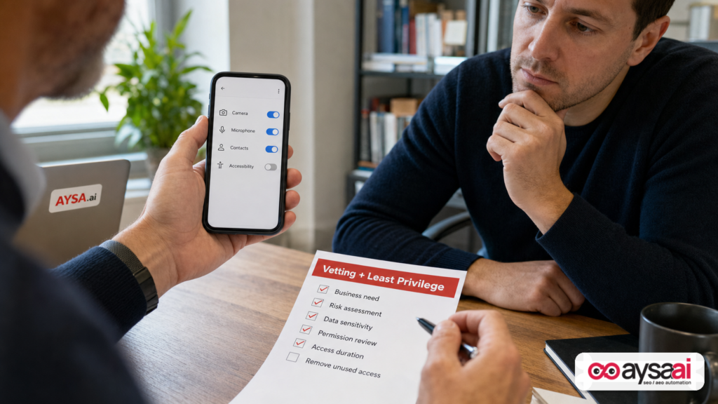 Generic smartphone permission toggles next to a checklist about least-privilege access