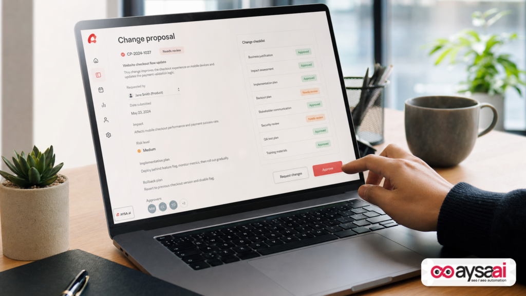 Hand approving a website change proposal on a laptop to depict approved SEO execution.