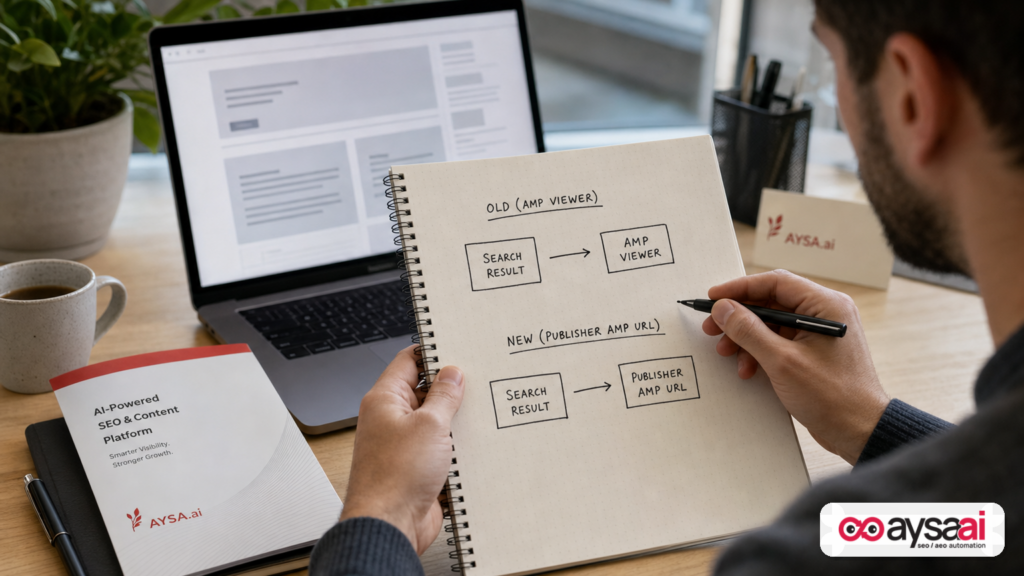 Hand-drawn diagram showing old AMP viewer click path vs new direct-to-publisher AMP URL path.